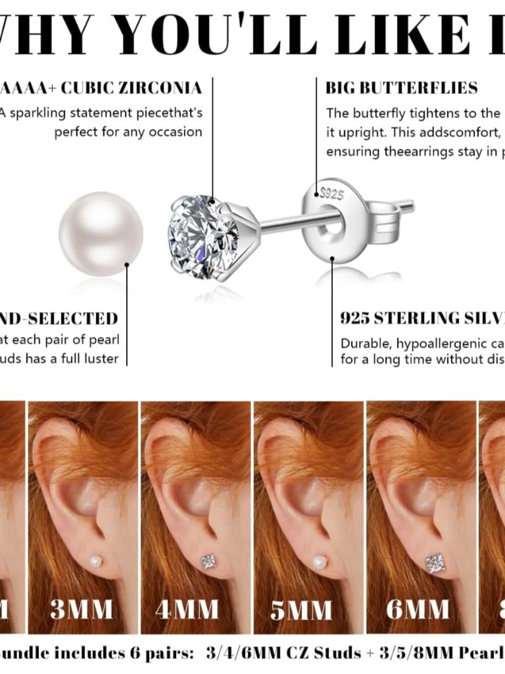 Sterling Silver Stud Earrings for Women Pearl Earrings Non Tarnish - Picture 5 of 6